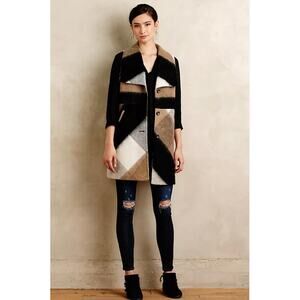 Anthropologie Elevenses Black Brown Buffalo Plaid Faux Wool Fur Vest Jacket M